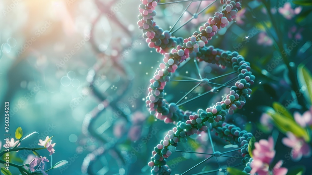 Poster digital dna strands in nature - a visually stimulating digital rendering of intertwined dna strands 