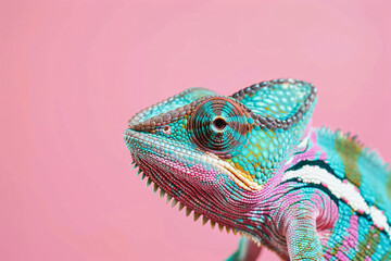 a colorful chamelon is sitting on a pink surface