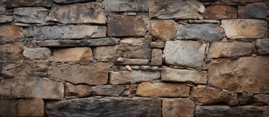 A detailed closeup of a stone wall showcasing the intricate brickwork and natural material composition of the bedrock and rock used as building material