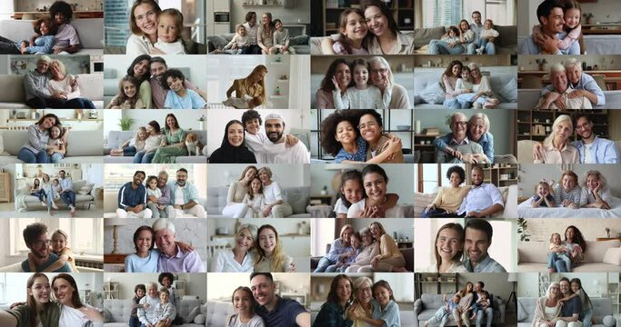 Happy family Day celebration, close up faces, portraits of young and old people, enjoy good warmth relation, hugging, feeling unconditional love smiling looking at camera, collage view. Video call app