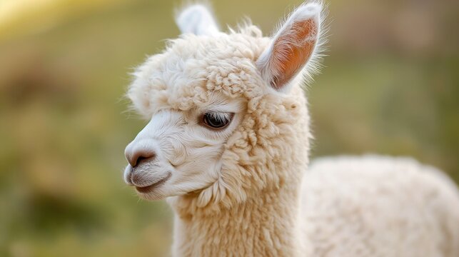 A fluffy baby alpaca with a gentle gaze and a woolly coat