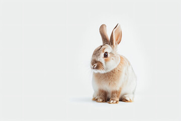Fototapeta na wymiar a rabbit with a long ear sitting on a white surface