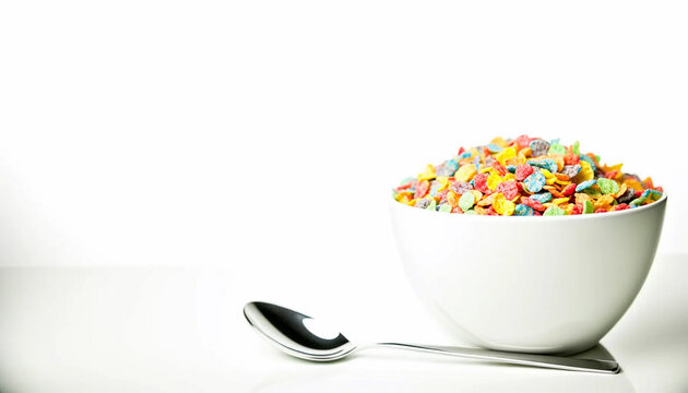A side view of a white bowl on a pure white background, filled to the brim with colorful fruity cereal