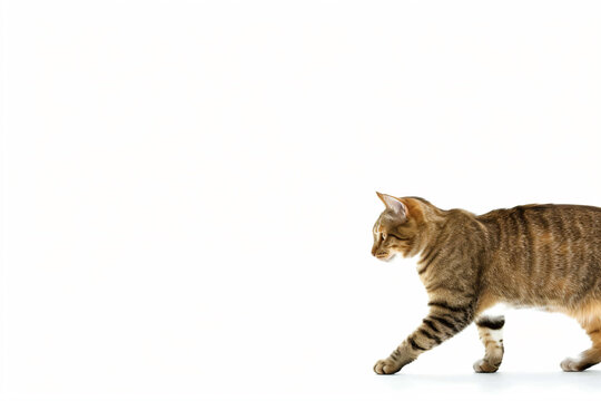 a cat walking across a white surface