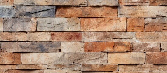 A detailed close up of a brown brick wall showcasing the building materials rectangular shape and composite material made from rock. The wood flooring complements the natural aesthetic