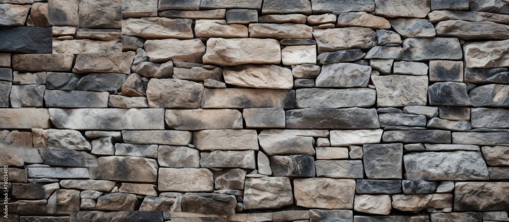Poster a closeup of a stone wall constructed from various rocks, including brown bricks and rectangular sto