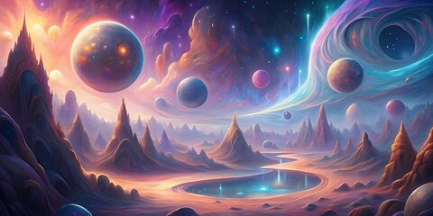 3D Abstract wallpaper fantasy landscape with unknown elements and objects, colorful and mysterious
