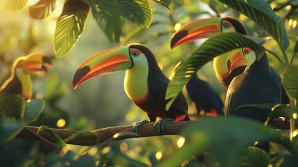 Naklejka premium A group of colorful toucans perched in a tree, their vibrant beaks catching the sunlight