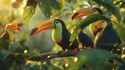 Papier peint photo autocollant rond Toucan A group of colorful toucans perched in a tree, their vibrant beaks catching the sunlight