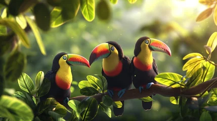 Crédence de cuisine en verre imprimé Toucan A group of colorful toucans perched in a tree, their vibrant beaks catching the sunlight