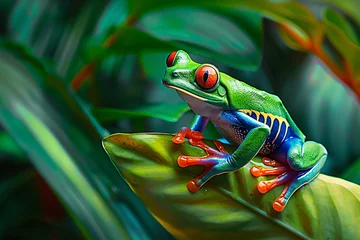 Deurstickers a frog sitting on a leaf in a jungle © illustrativeinfinity