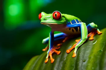 Foto op Canvas a frog with red eyes sitting on a leaf © illustrativeinfinity