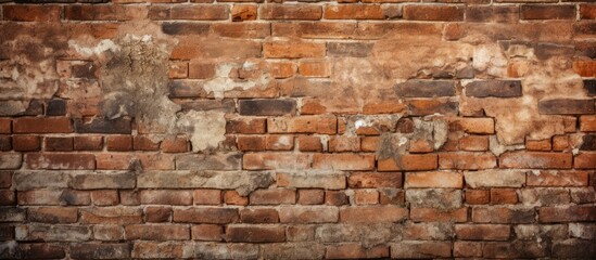 A detailed closeup of a weathered old brown brick wall with peeling paint, showcasing the intricate patterns and textures of the brickwork and composite materials