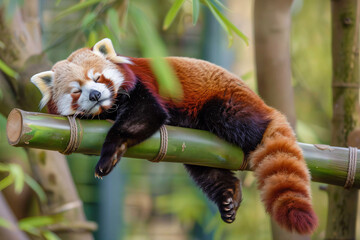 a red panda sleeping on a bamboo pole