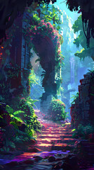 Colorful digital art of ancient, overgrown ruins with flowering vines amidst a vibrant, lush forest setting.