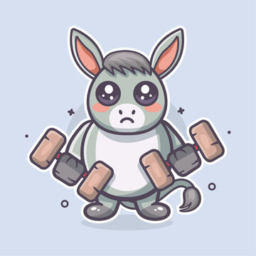 cute donkey animal character mascot doing bodybuilding using dumbbell isolated cartoon