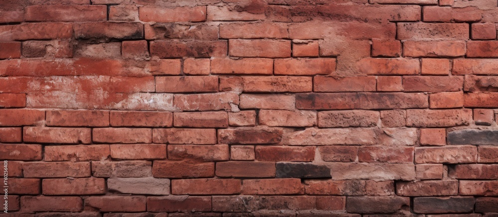 Poster a closeup of a peachcolored brick wall with numerous rectangular bricks and mortar. the brickwork is