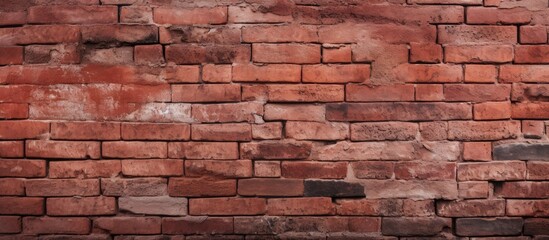 Fototapeta premium A closeup of a peachcolored brick wall with numerous rectangular bricks and mortar. The brickwork is a composite building material, creating a beautiful building facade