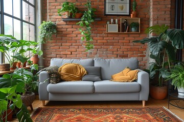 Living room with cozy grey sofa in a loft style interior with potted plants, Cozy bright room, carpet.