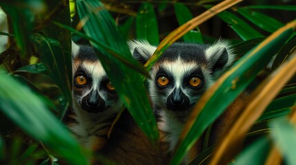 A pair of curious lemurs peering out from behind lush foliage in the rainforest