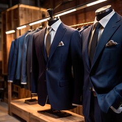 Tailored men's suits modeled on mannequin in tailor shop atelier