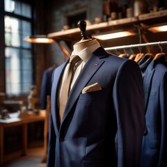 Tailored men's suits modeled on mannequin in tailor shop atelier - obrazy, fototapety, plakaty