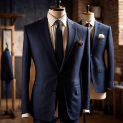 Tailored men's suits modeled on mannequin in tailor shop atelier