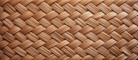 A closeup of a rectangular wicker basket texture in brown wood stain, resembling a door mat. The pattern adds a touch of warmth to beige hardwood flooring