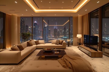 Luxurious penthouse in Dubai. Modern living room with night city view