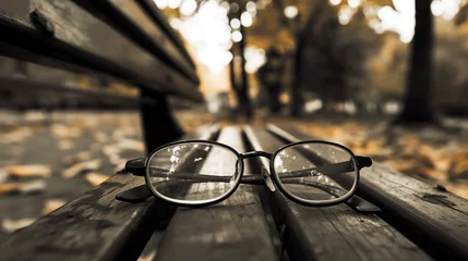 Zelfklevend Fotobehang A pair of glasses lying abandoned on a park bench, telling a silent story of forgetfulness © Image Studio
