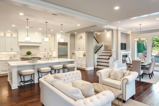 Luxurious white kitchen and living room in a big house.