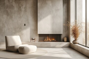 Minimalist living room interior with modern fireplace, armchair and beige plasters walls. Interior mockup