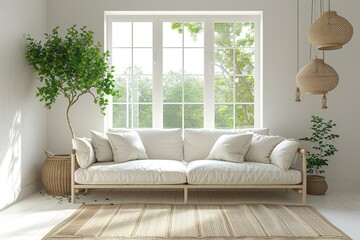 Minimalist living room in white color with sofa and summer landscape in window. Scandinavian...