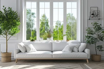 Tuinposter Minimalist living room in white color with sofa and summer landscape in window. Scandinavian interior design. 3D illustration © Azar