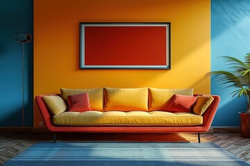 minimal design appartment, a wall with a picture frame, modern living-room, colourful furniture, perpendicular composition, center perspective, very detailed, photorealistic, photographic, Eastman Kod