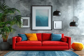 minimal design appartment, a wall with a picture frame, modern living-room, colourful furniture, perpendicular composition, center perspective, very detailed, photorealistic, photographic, Eastman Kod