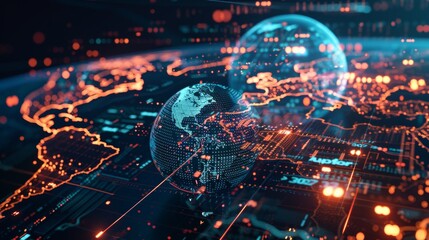 Digital globe on a circuit board, glowing data streams and continents.