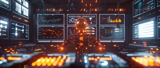 Control center with glowing human figure and multiple data screens.