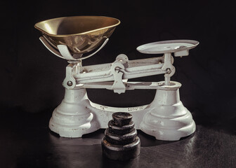 Old obsolete manual weighing scales and Iron Brass Tray with set of cast iron weights. Classic...