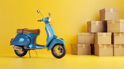 Foto op Canvas Classic blue scooter against a vibrant yellow backdrop with cardboard boxes. © Iona