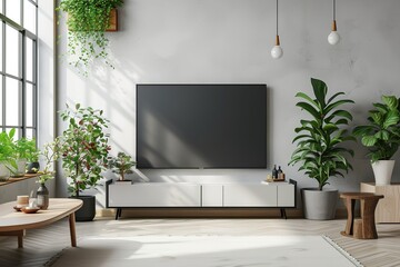 Mockup a TV wall mounted with decoration in living room and white wall.ai generative