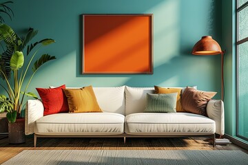 modern creative living room interior design backdrop ideas concept house beautiful background elevation of sofa with decorative photo paint frame full wall background,ai generate