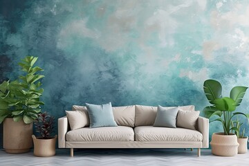 modern creative living room interior design backdrop ideas concept house beautiful background elevation of sofa with decorative photo paint frame full wall background,ai generate - obrazy, fototapety, plakaty