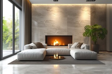 Modern interior design of the living room with fireplace. Super photo realistic background, illustration