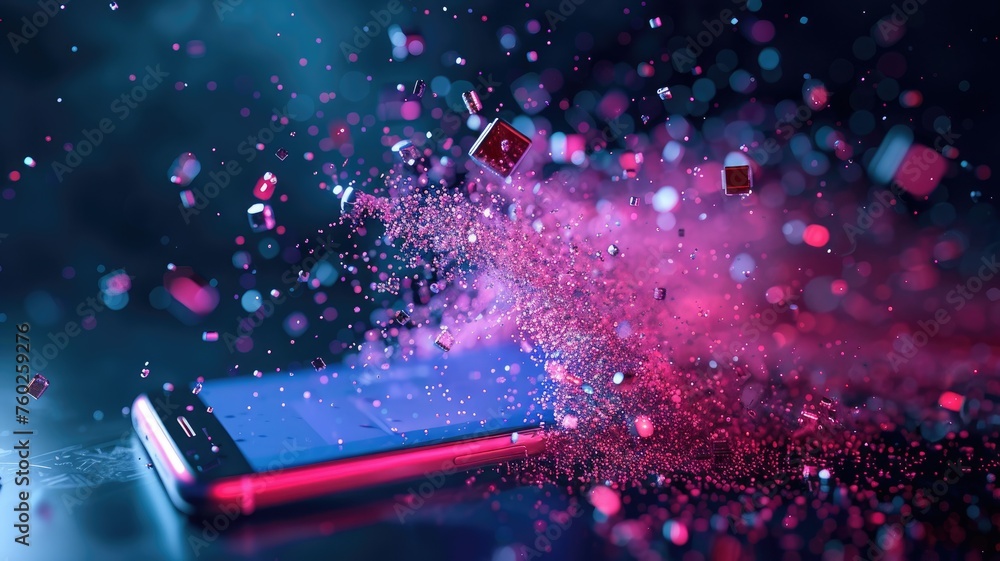 Poster red and blue particles flowing from mobile phone - dynamic image of red and blue particles flowing f