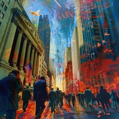 Fototapeta premium Vibrant city life montage with American symbolism - A dynamic composition blending busy city life, urban landscape, and American symbols with an artistic, multi-layered effect