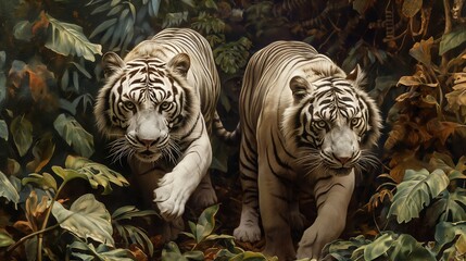 A pair of regal white tigers prowling through dense jungle undergrowth - obrazy, fototapety, plakaty