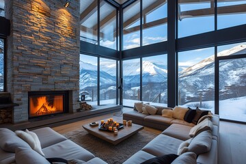 modern living room with fireplace and high wall of windows in the mountains