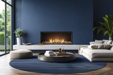 modern living room with fireplace, navy blue and white, mock up