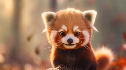 A playful baby red panda with a fluffy tail